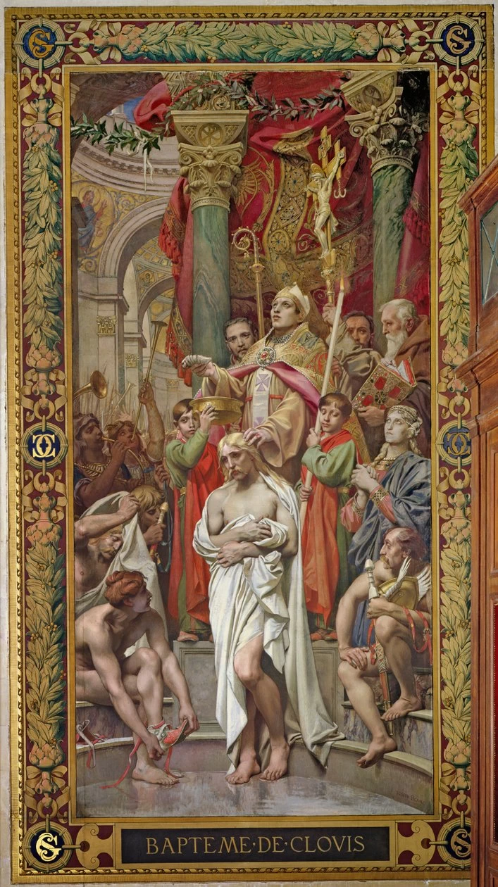 Il battesimo del re dei Franchi Clodoveo I (466 - 511) a Reims da parte del vescovo San Remigio il 25, 496